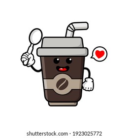 cute coffee cup cartoon mascot character funny expression holding spoon vector design