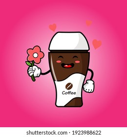 cute coffee cup cartoon mascot character funny expression giving flower