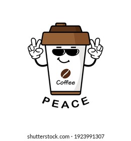 cute coffee cup cartoon mascot character funny expression peace reveal