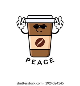 cute coffee cup cartoon mascot character funny expression peace reveal