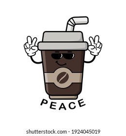 cute coffee cup cartoon mascot character funny expression peace reveal
