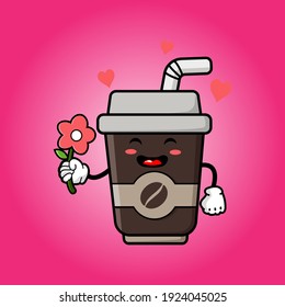 cute coffee cup cartoon mascot character funny expression giving flower