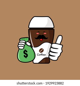 cute coffee cup cartoon mascot character funny expression holding money pouch with tumb up