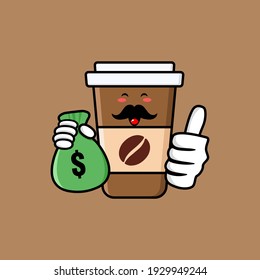 cute coffee cup cartoon mascot character funny expression holding money pouch with tumb up