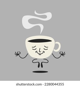 Cute coffee cup cartoon meditate in lotus yoga pose. Vector illustrattion.