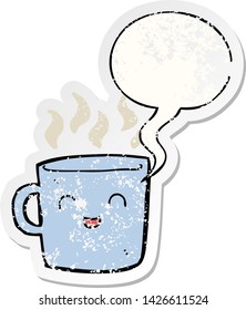 cute coffee cup cartoon with speech bubble distressed distressed old sticker