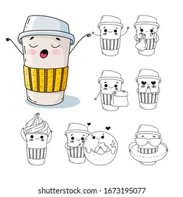 Personaje de taza de café con diferentes emociones y poses divertidas. Doodle dibujado a mano sobre un fondo blanco con una gran taza de café colorida bostezando.