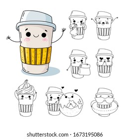 Cute coffee cup character with different funny emotions and poses. Hand drawn doodle on a white background with a big colorful coffee cup waving with greetings.