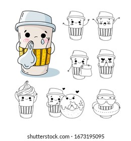 Cute coffee cup character with different funny emotions and poses. Hand drawn doodle on a white background with a big colorful coffee cup crying.