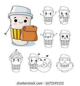 Cute coffee cup character with different funny emotions and poses. Hand drawn doodle on a white background with a big colorful coffee cup with take away paper bag.