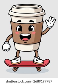 Cute Coffee Cup Charakter auf Skateboard - Lustige Cartoon Vektorgrafik