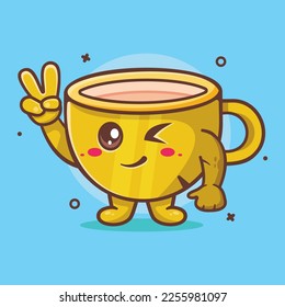 cute coffee cup character with peace sign hand gesture isolated cartoon in flat style design