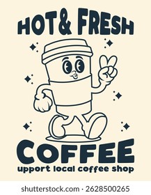 Cute Coffee Cup Character with Peace Hand Hot and Fresh Coffee Support Local Coffee Shop Vector Graphic for Community Minded Cafes