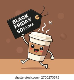 Carácter lindo de la taza de café que corre con un viernes negro 50 Ilustración vectorial de la etiqueta