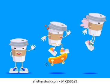 Cute coffee cup character skating. Coffee to go character in sneakers. Cute and funny vector illustration. Cartoon coffee cup. Take away coffee/