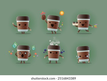 Linda ilustración de pegatinas de personajes de taza de café con varios juegos de colección de mascotas de actividad de expresión feliz