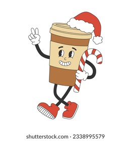 Cute coffee cup character in y2k groovy style. Cartoon character in trendy retro style for Christmas design. Isolated vector illustration 