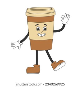 Cute coffee cup character in y2k groovy style. Cartoon character in trendy retro style. Isolated vector illustration 