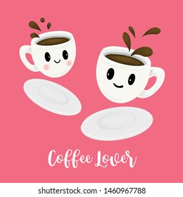 Cute coffee cup couple cartoon illustration for valentine’s day card design, menu, vector.