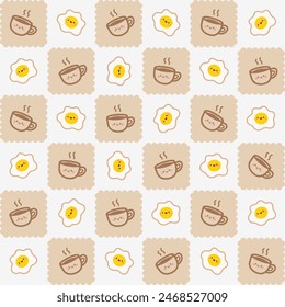 Cute Coffee Cup and Egg Pattern with Beige Background. Adorable vector pattern featuring kawaii style coffee cups and fried eggs on a beige and white background.