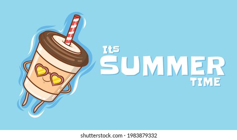 cute coffee cup floating relax with a summer greeting banner