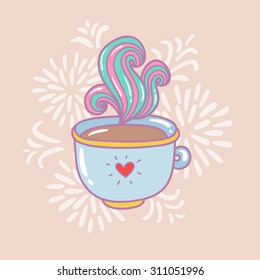 Cute coffee cup in hand drawn style. I love coffee and tea, hot drink