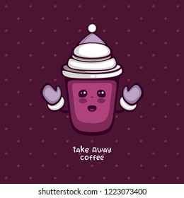 Cute coffee cup in hat and mittens. Coffee vector illustrations. Funny cartoon character. Template for logo and cafe decoration.