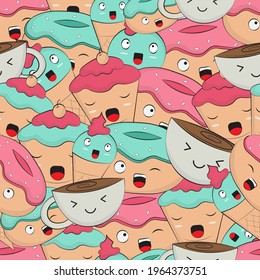 Cute coffee cup and ice cream vector seamless repeat pattern.