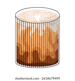 Cute Coffee Cup with Ice Latte. Collection of coffee drinks with variety latte art heart, leaf, bear, cat, Flower. Cafe Bar or Coffee House Graphics. Vector Illustration, Icons. Isolated