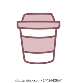 Cute coffee cup icon. Hand drawn illustration of a disposable paper coffee mug isolated on a white background. Kawaii sticker. Vector 10 EPS.