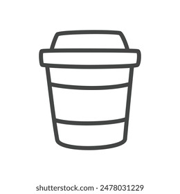 Cute coffee cup icon. Hand drawn monochrome illustration of a disposable paper coffee mug isolated on a white background. Kawaii sticker. Vector 10 EPS.