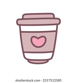 Cute coffee cup icon. Hand drawn illustration of a paper coffee mug decorated with a heart isolated on a white background. Kawaii St. Valentine day sticker. Vector 10 EPS.