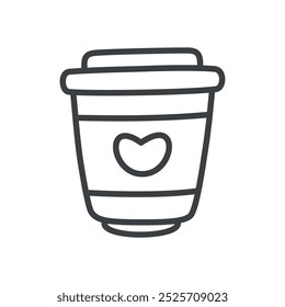 Cute coffee cup icon. Hand drawn monochrome illustration of a paper coffee mug decorated with a heart isolated on a white background. Vector 10 EPS.