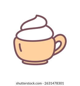Cute coffee cup icon. Hand drawn illustration of warm drink with whipped cream topping. Kawaii autumn sticker. Vector 10 EPS.