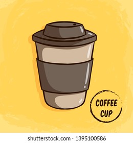 Cute coffee cup illustration with colored doodle style on yellow background