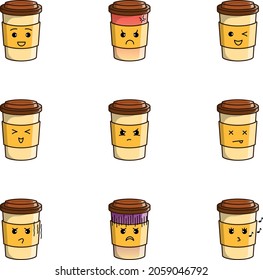 Cute coffee cup illustration set with various expressions