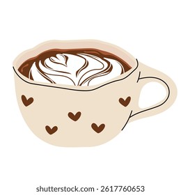 Cute Coffee Cup with Latte Art. Collection of coffee drinks with variety latte art heart, leaf, bear, cat, Flower. Cafe Bar or Coffee House Graphics. Vector Illustration, Icons. Isolated