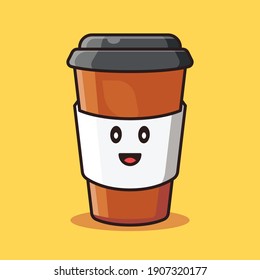 Cute Coffee Cup Mascot Character Icon Illustration. Drink Isolated Vector. Flat Cartoon Style.