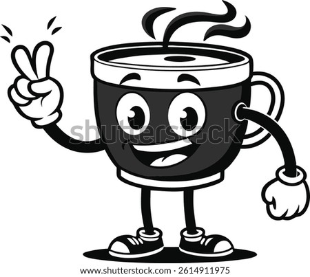 Cute Coffee Cup Mascot Vector – Happy Cartoon Character Holding Peace Sign with Steam