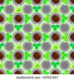 Cute coffee cup with mint seamless pattern