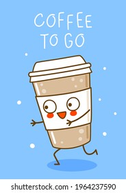 Cute coffee cup on blue background - cartoon character for coffee to go