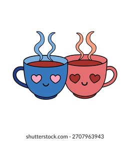 Par lindo de la taza de café con los corazones que se levantan como vapor, Vector colorido realista mínimo del ambiente del amor en el fondo blanco