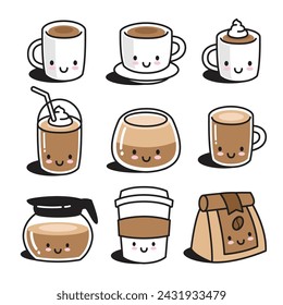 Cute coffee cup set collection kawaii illustration