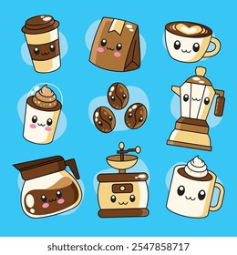 Cute coffee cup set collection kawaii vector illustration