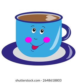 Cute coffee cup. Smiling blue mug. Cartoon face design. Vector happy expression.
