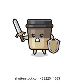 cute coffee cup soldier fighting with sword and shield , cute style design for t shirt, sticker, logo element