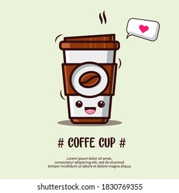 cute coffee cup with the symbol of love, cute cartoon illustration.