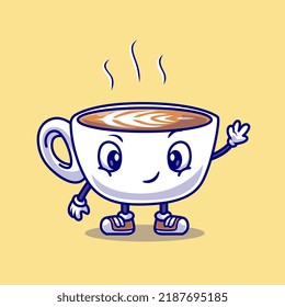 Cute Coffee Cup Waving Hand Cartoon Vector Icon Illustration. Drink Object Icon Concept Isolated Premium Vector. Flat Cartoon Style