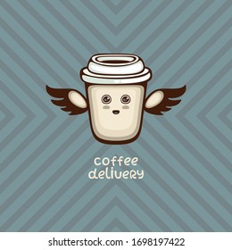 Cute coffee cup with wings. Template for coffee delivery logo.