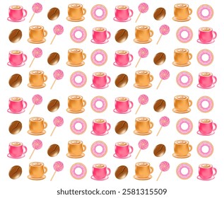 Cute coffee cups, donuts, lollipops, coffee beans pattern isolated, transparent background. Great for cafe menu, delivery price, discount sale, coffee shop decorative element